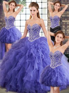 Modern Lavender Tulle Lace Up Sweetheart Sleeveless Floor Length 15 Quinceanera Dress Beading and Ruffles