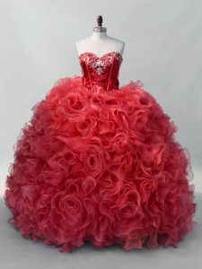  Red Ball Gowns Sweetheart Sleeveless Organza Floor Length Lace Up Sequins 15 Quinceanera Dress