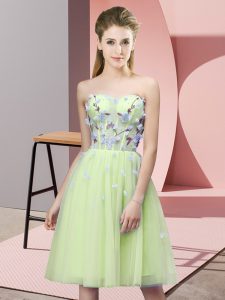  Yellow Green Tulle Lace Up Dama Dress for Quinceanera Sleeveless Knee Length Appliques