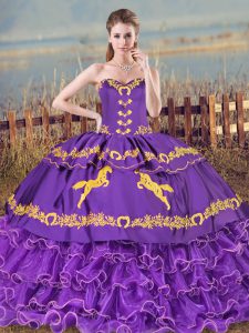 Simple Purple Ball Gowns Organza Sweetheart Sleeveless Embroidery and Ruffled Layers Lace Up Sweet 16 Dress