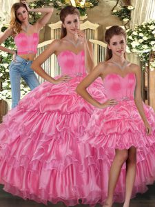 Chic Rose Pink Organza Lace Up Sweetheart Sleeveless Floor Length Sweet 16 Dress Ruffled Layers and Pick Ups