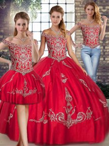  Red Lace Up Sweet 16 Dress Beading and Embroidery Sleeveless Floor Length