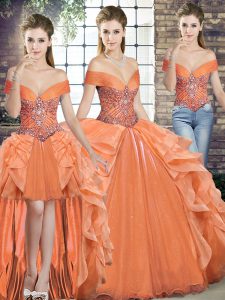  Three Pieces 15th Birthday Dress Orange Off The Shoulder Organza Sleeveless Floor Length Lace Up
