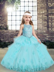  Beading and Lace and Appliques Kids Formal Wear Aqua Blue Lace Up Sleeveless Floor Length