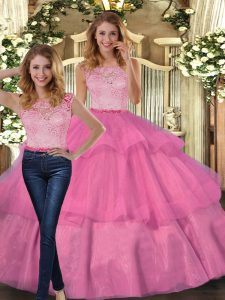  Hot Pink Two Pieces Lace and Ruffled Layers Ball Gown Prom Dress Lace Up Tulle Sleeveless Floor Length