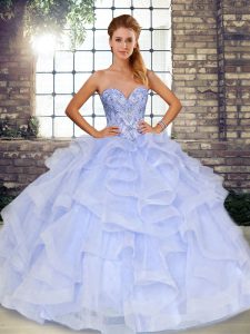  Sleeveless Floor Length Beading and Ruffles Lace Up 15th Birthday Dress with Lavender