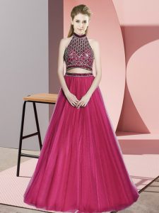 Sophisticated Sleeveless Beading Backless Prom Dress with Hot Pink