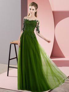  Olive Green Empire Bateau Half Sleeves Chiffon Floor Length Lace Up Beading and Lace Vestidos de Damas