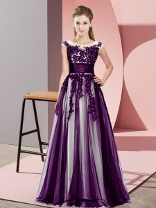  Scoop Sleeveless Quinceanera Court of Honor Dress Floor Length Beading and Lace Dark Purple Tulle