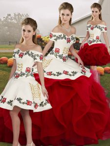  White And Red Sweet 16 Dresses Military Ball and Sweet 16 and Quinceanera with Embroidery and Ruffles Off The Shoulder Sleeveless Lace Up