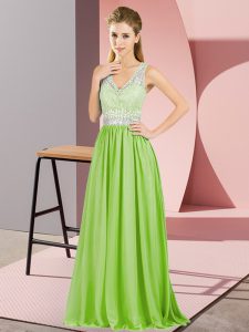  Yellow Green Sleeveless Beading and Lace and Appliques Floor Length Prom Evening Gown