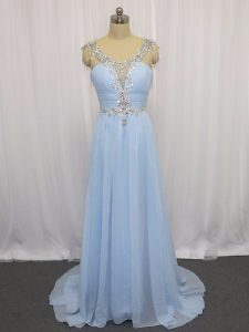 Most Popular Blue Sleeveless Chiffon Brush Train Zipper Prom Evening Gown for Prom and Party and Military Ball and Beach