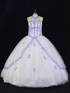 Colorful Tulle Halter Top Sleeveless Lace Up Appliques Quinceanera Dresses in White And Purple
