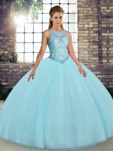 Superior Tulle Scoop Sleeveless Lace Up Embroidery Sweet 16 Dress in Aqua Blue