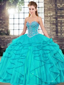 Latest Aqua Blue Ball Gowns Beading and Ruffles Quinceanera Dress Lace Up Tulle Sleeveless Floor Length