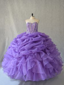 Nice Lavender Quince Ball Gowns Sweet 16 and Quinceanera with Beading and Ruffles and Pick Ups Sweetheart Sleeveless Lace Up