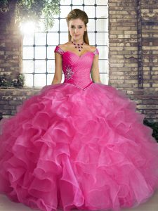 Inexpensive Rose Pink Sleeveless Organza Lace Up Quinceanera Gown for Military Ball and Sweet 16 and Quinceanera