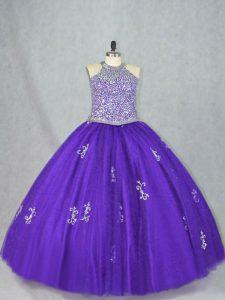  Tulle Halter Top Sleeveless Lace Up Beading and Appliques 15 Quinceanera Dress in Purple
