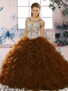  Floor Length Lace Up Sweet 16 Dresses Brown for Military Ball and Sweet 16 and Quinceanera with Beading and Ruffles