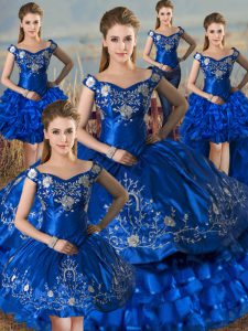 Customized Royal Blue Sleeveless Floor Length Embroidery and Ruffled Layers Lace Up Ball Gown Prom Dress