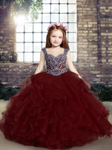 Customized Tulle Straps Sleeveless Lace Up Beading and Ruffles Little Girls Pageant Dress in Burgundy