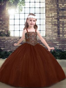 On Sale Straps Sleeveless Lace Up Little Girl Pageant Dress Brown Tulle