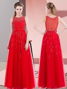 Classical Beading Prom Dress Red Side Zipper Sleeveless Floor Length