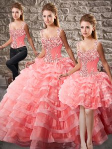  Straps Sleeveless Organza 15 Quinceanera Dress Beading and Ruffled Layers Court Train Lace Up