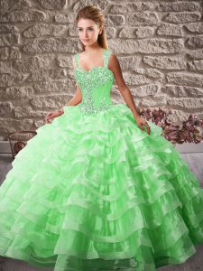 Dramatic Green Organza Lace Up Straps Sleeveless Quinceanera Dresses Court Train Beading and Ruffled Layers