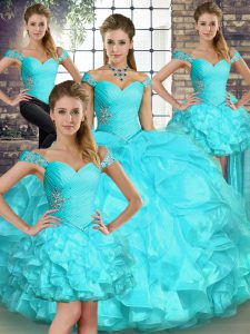 Custom Design Aqua Blue Organza Lace Up 15th Birthday Dress Sleeveless Floor Length Beading and Ruffles