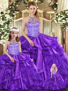  Purple Sleeveless Floor Length Beading and Ruffles Lace Up Quinceanera Gown