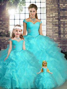 Simple Aqua Blue Off The Shoulder Neckline Beading and Ruffles 15 Quinceanera Dress Sleeveless Lace Up