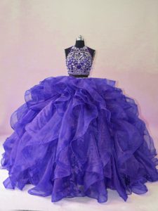  Halter Top Sleeveless Brush Train Backless Sweet 16 Dresses Purple Organza