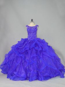 Flare Sleeveless Beading and Ruffles Lace Up Quinceanera Gown with Blue Brush Train