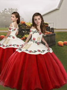Most Popular Red Lace Up Spaghetti Straps Embroidery Little Girls Pageant Dress Wholesale Sleeveless