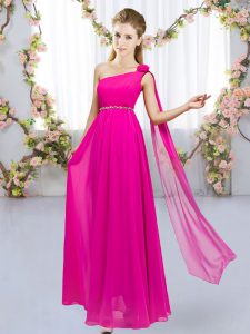 Dynamic Chiffon One Shoulder Sleeveless Lace Up Beading and Hand Made Flower Court Dresses for Sweet 16 in Hot Pink