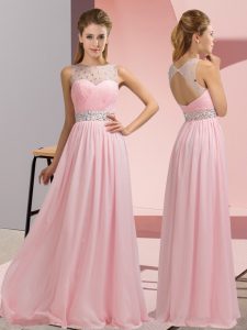 High End Baby Pink Empire Chiffon Scoop Sleeveless Beading Floor Length Backless Prom Party Dress