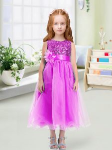 Spectacular Lilac Organza Zipper Toddler Flower Girl Dress Sleeveless Tea Length Sequins and Hand Made Flower