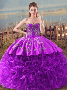 Charming Sleeveless Embroidery and Ruffles Lace Up Quinceanera Dress with Eggplant Purple and Purple Brush Train