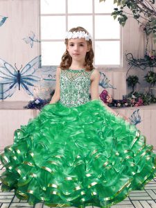 Sweet Green Organza Lace Up Girls Pageant Dresses Sleeveless Floor Length Beading and Ruffles