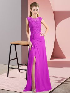 Most Popular Scoop Sleeveless Homecoming Dress Floor Length Beading Fuchsia Chiffon