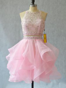 Sumptuous Baby Pink Backless Prom Party Dress Beading and Ruffles Sleeveless Mini Length
