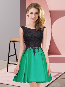  Green A-line Scoop Sleeveless Satin Mini Length Zipper Lace Dama Dress for Quinceanera