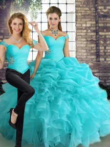 Top Selling Aqua Blue Sleeveless Organza Lace Up Vestidos de Quinceanera for Military Ball and Sweet 16 and Quinceanera