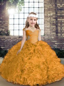 Excellent Gold Ball Gowns Beading Child Pageant Dress Lace Up Fabric With Rolling Flowers Sleeveless Asymmetrical