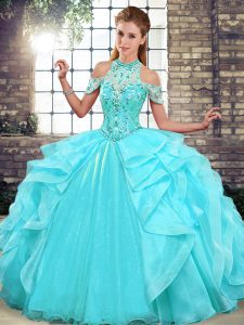 Custom Fit Aqua Blue Sleeveless Beading and Ruffles Floor Length Quinceanera Dress