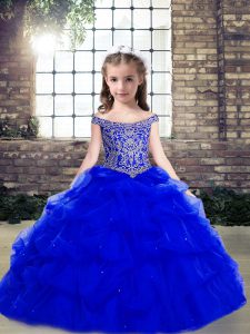 Lovely Floor Length Lace Up Kids Pageant Dress Royal Blue for Party and Wedding Party with Beading and Pick Ups