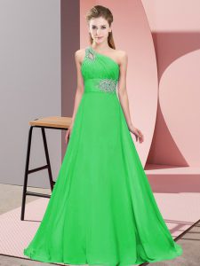  Chiffon One Shoulder Sleeveless Brush Train Lace Up Beading Prom Gown in Green