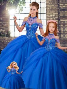  Halter Top Sleeveless 15 Quinceanera Dress Brush Train Beading and Pick Ups Blue Tulle