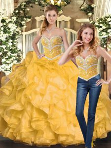 Fine Gold Lace Up Sweetheart Beading and Ruffles Quinceanera Dress Organza Sleeveless
